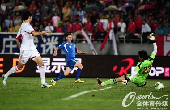 2013年6月6日，國足熱身賽，中國男足1比2負烏茲別克斯坦，烏茲別克斯坦隊員杰帕羅夫破門得分。