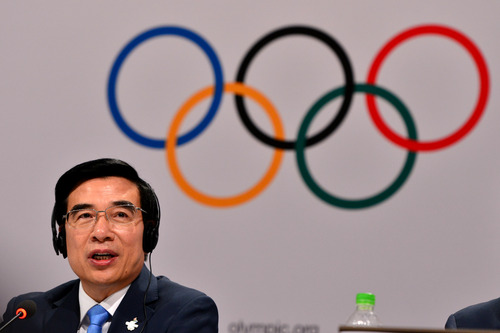 北京冬奧申委主席、北京市市長王安順在媒體發布會上發言。