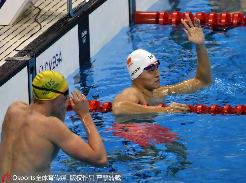 巴西當地時間8月6日22時，在裡約奧運會男子400米自由泳決賽中，孫楊以3分41秒68屈居第二，獲得一枚銀牌。澳大利亞人霍頓收獲金牌，成績為3分41秒55。