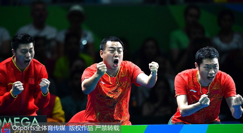 巴西當地時間8月15日，在2016年裡約奧運會乒乓球男團半決賽中，中國3：0勝韓國。