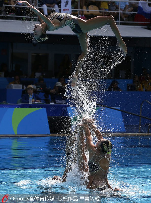 巴西當地時間8月18日下午，裡約奧運會花樣游泳團體技術自選比賽展開爭奪。俄羅斯隊憑借出色的發揮，以97.0106分位居第一位。中國隊以95.6174分位列第二位。日本隊以93.7723分位列第三位。