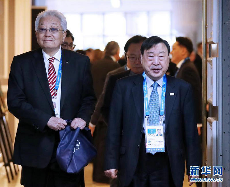 2月7日，朝鮮國際奧委會委員張雄（左）、韓國平昌冬奧組委會主席李熙范（右）到達會場。新華社記者李鋼攝