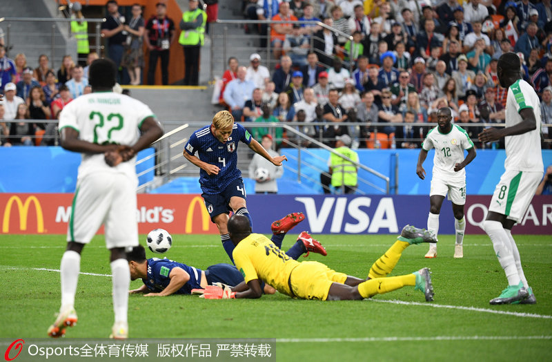 2018年6月25日，2018年俄羅斯世界杯H組：日本2：2平塞內加爾，本田圭佑取得進球。