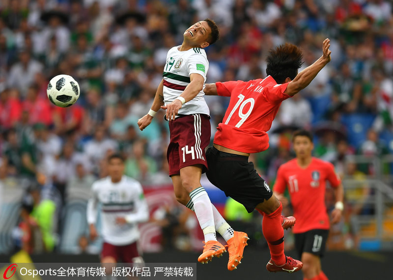 2018年6月23日，韓國1-2墨西哥，墨西哥隊的埃爾南德斯和韓國的洪哲爭頂。