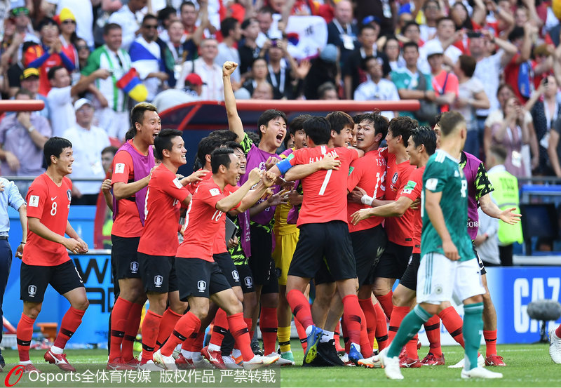 2018年6月27日，韓國2-0戰勝德國，球員慶祝。