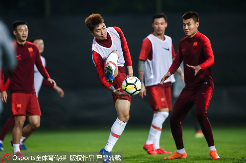 中國男足隊員在訓練中